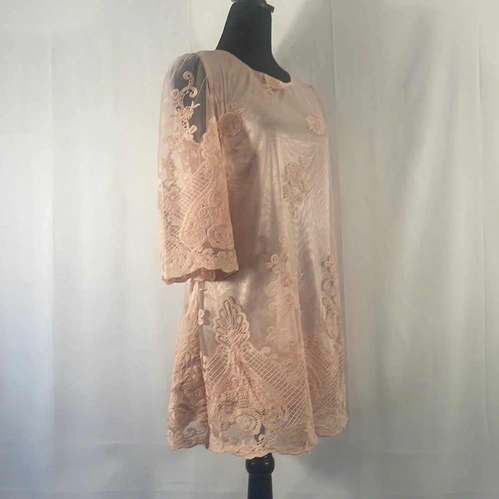 Simply Couture Pink Floral Layered sheer lace Baby doll, Tunic Dress,Size Small - Picture 4 of 11